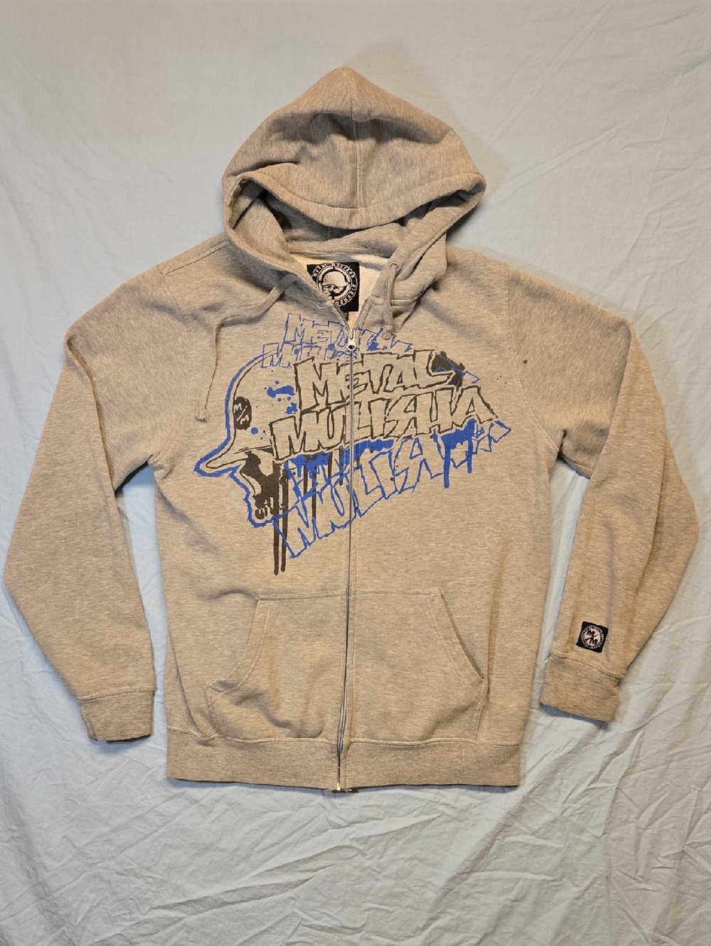 Metal Mulisha Full Zip Gray Hoodie with Black And Blue Logo Patch Vintage Y2K